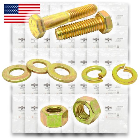 Boltsandnuts.Com Inch Grade 8 Hex Cap Scrws, HexNuts, Flat & Lock Wshrs Fine Thread Zinc Yellow Hardware - 1268 PCS Assortment Kit #495